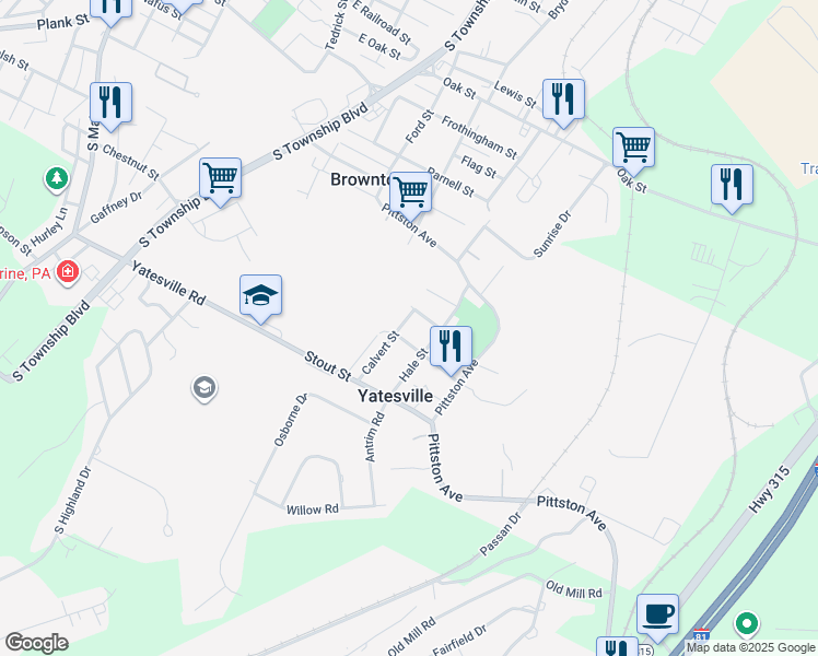 map of restaurants, bars, coffee shops, grocery stores, and more near 10 Calvert St in Yatesville
