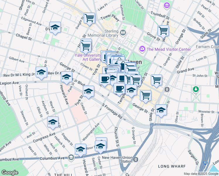 map of restaurants, bars, coffee shops, grocery stores, and more near 196 College Street in New Haven