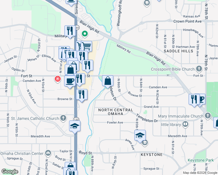 map of restaurants, bars, coffee shops, grocery stores, and more near 8762 Templeton Drive in Omaha