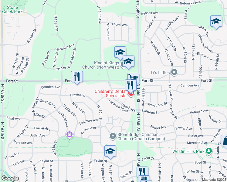 map of restaurants, bars, coffee shops, grocery stores, and more near 5115 North 158th Avenue in Omaha