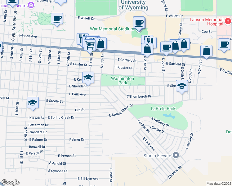 map of restaurants, bars, coffee shops, grocery stores, and more near 25 South Corthell Road in Laramie