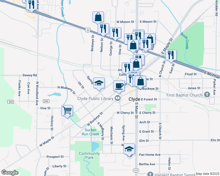 map of restaurants, bars, coffee shops, grocery stores, and more near 632 Vine Street in Clyde