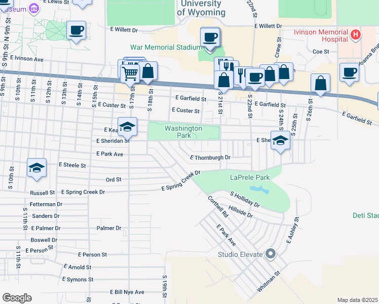 map of restaurants, bars, coffee shops, grocery stores, and more near 1929 East Thornburgh Drive in Laramie