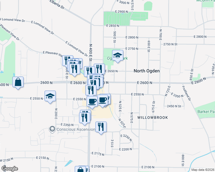 map of restaurants, bars, coffee shops, grocery stores, and more near 459 East 2600 North in North Ogden