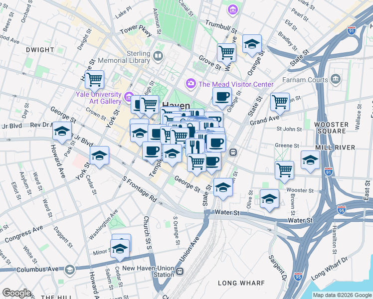 map of restaurants, bars, coffee shops, grocery stores, and more near in South Central Connecticut Planning Region