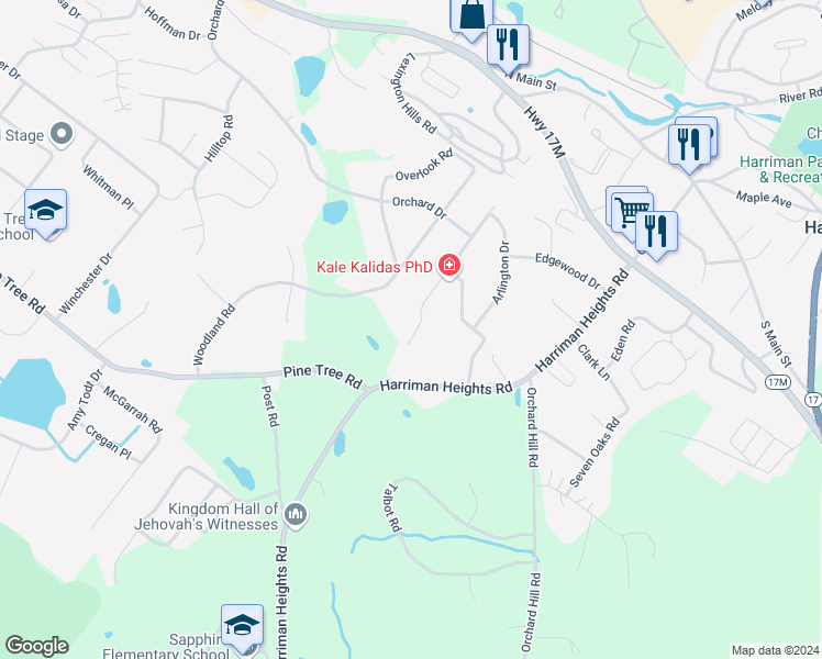 map of restaurants, bars, coffee shops, grocery stores, and more near 39 Berwynn Road in Harriman