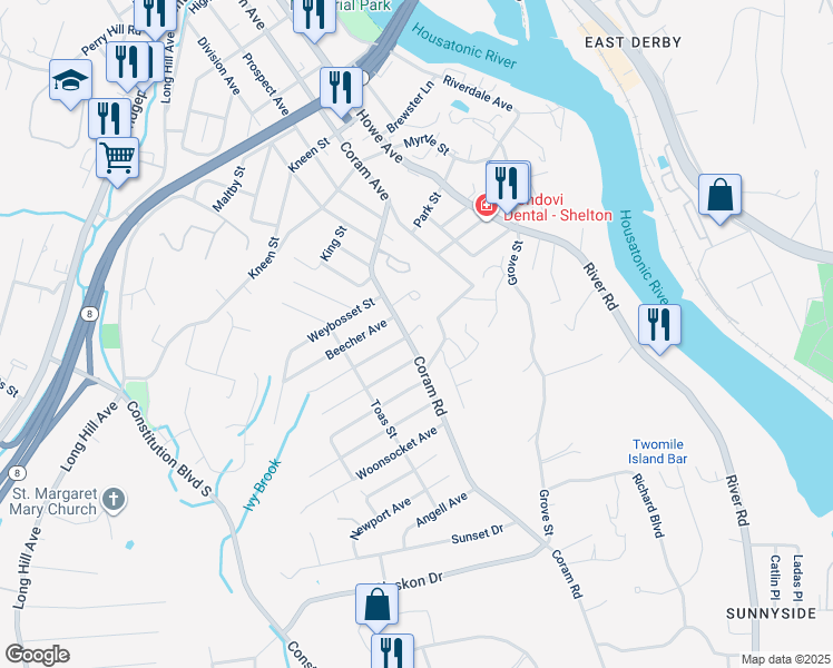map of restaurants, bars, coffee shops, grocery stores, and more near 10 Overlook Terrace in Shelton