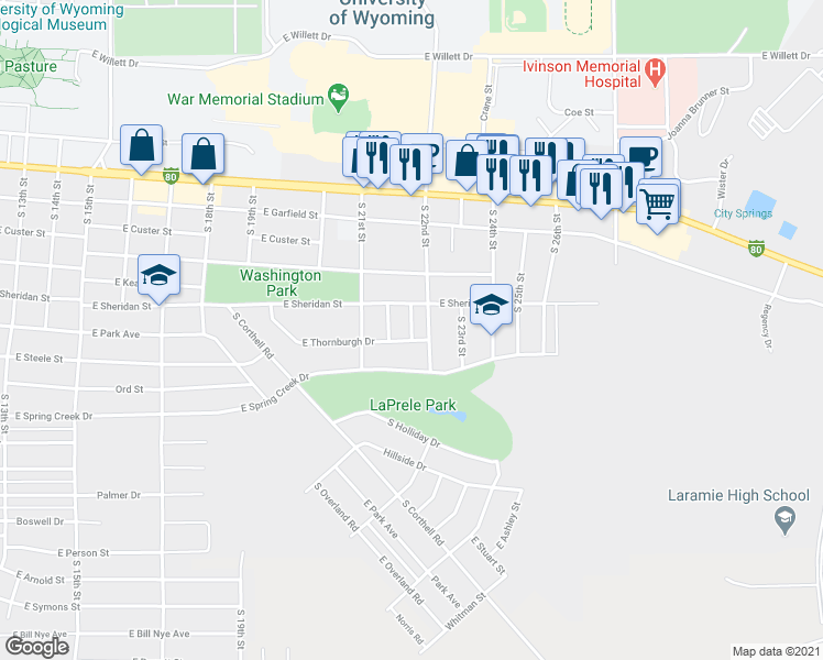 map of restaurants, bars, coffee shops, grocery stores, and more near 714 South Short Place in Laramie