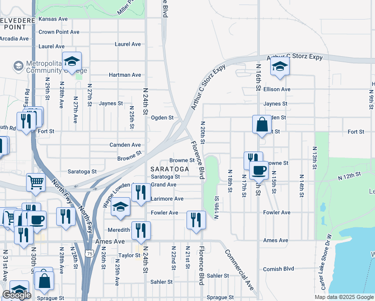 map of restaurants, bars, coffee shops, grocery stores, and more near 5100 Florence Boulevard in Omaha