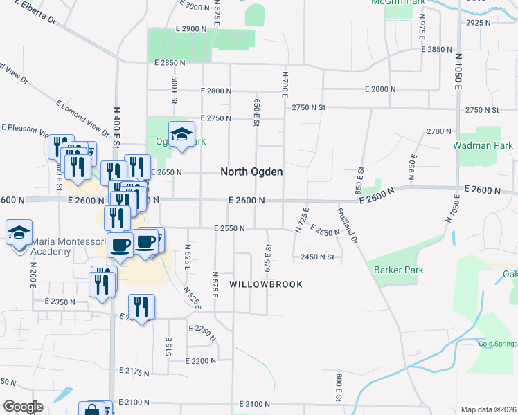 map of restaurants, bars, coffee shops, grocery stores, and more near 653 East 2600 North in Ogden