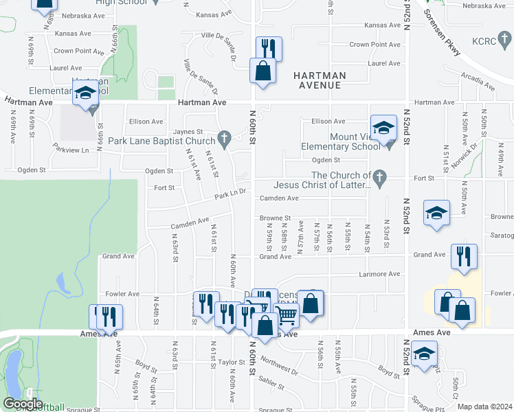 map of restaurants, bars, coffee shops, grocery stores, and more near 5115 North 60th Street in Omaha