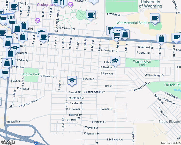 map of restaurants, bars, coffee shops, grocery stores, and more near 1401 East Park Avenue in Laramie