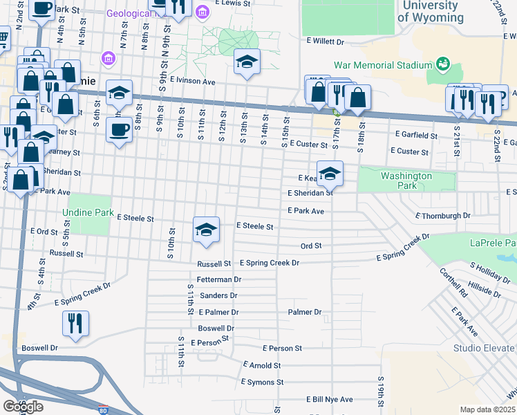 map of restaurants, bars, coffee shops, grocery stores, and more near 1398 East Park Avenue in Laramie