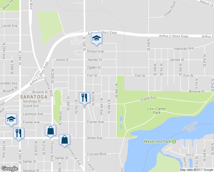 map of restaurants, bars, coffee shops, grocery stores, and more near 5120 N 14th St in Omaha