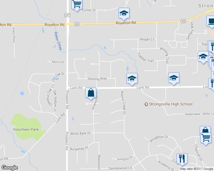 map of restaurants, bars, coffee shops, grocery stores, and more near 20434 Lunn Road in Strongsville