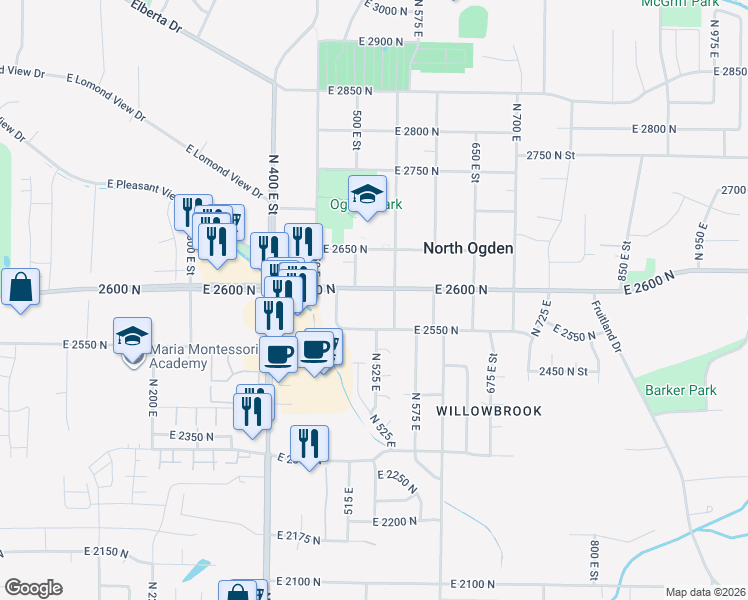map of restaurants, bars, coffee shops, grocery stores, and more near 531 East 2600 North in Ogden