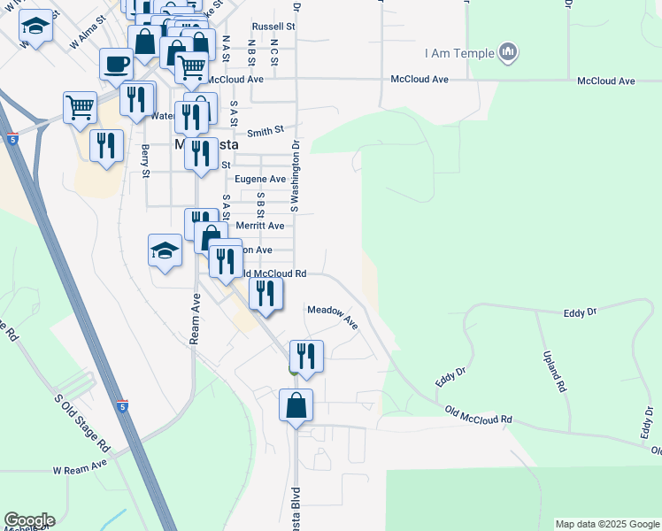 map of restaurants, bars, coffee shops, grocery stores, and more near 418 Old McCloud Road in Mount Shasta