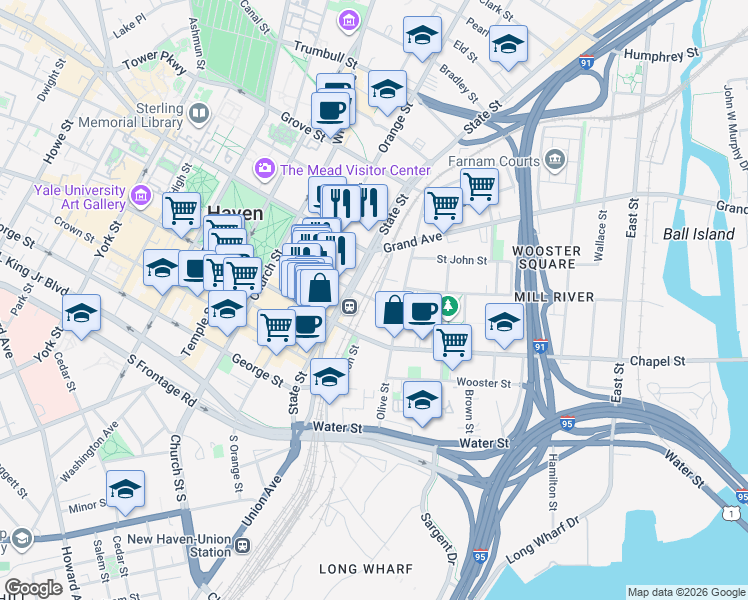 map of restaurants, bars, coffee shops, grocery stores, and more near Court Street in New Haven