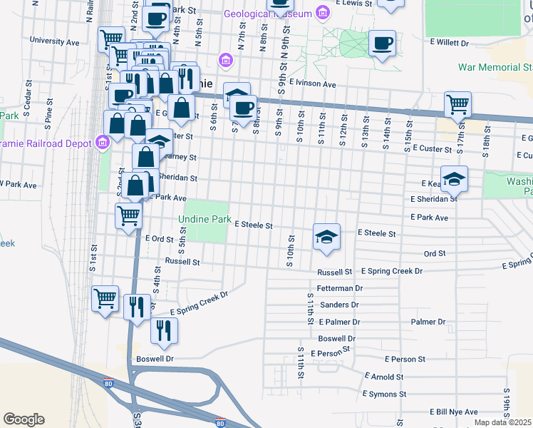 map of restaurants, bars, coffee shops, grocery stores, and more near 808 South 9th Street in Laramie