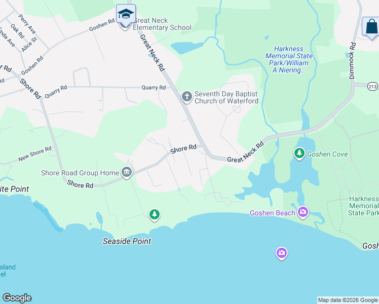 map of restaurants, bars, coffee shops, grocery stores, and more near 6 Shore Road in Waterford
