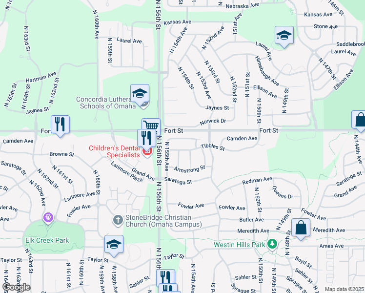 map of restaurants, bars, coffee shops, grocery stores, and more near 15414 Tibbles Street in Omaha