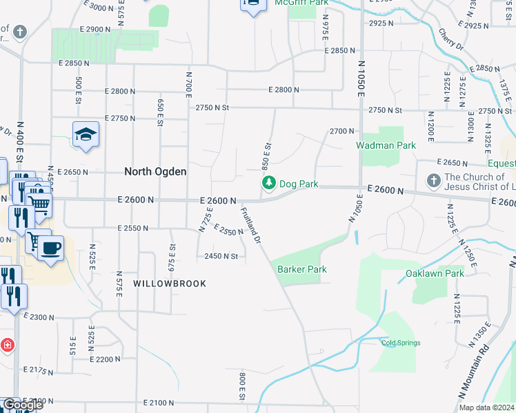 map of restaurants, bars, coffee shops, grocery stores, and more near 845 East 2600 North in North Ogden