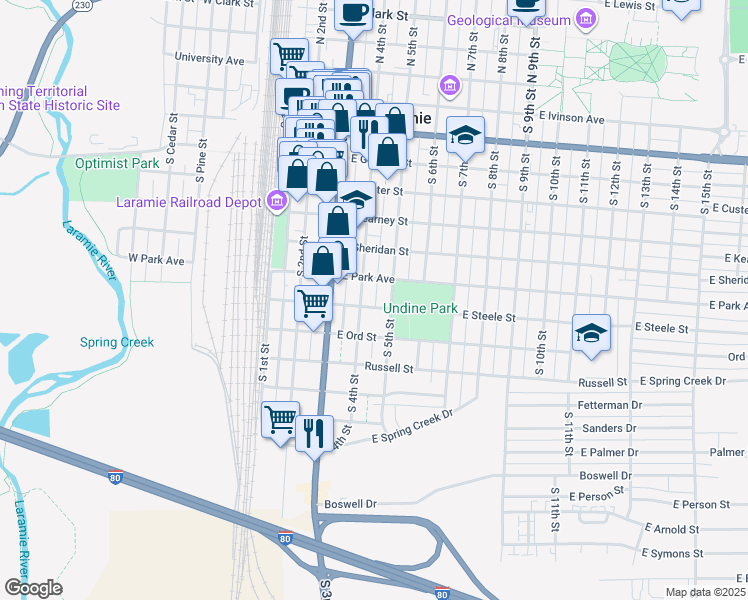 map of restaurants, bars, coffee shops, grocery stores, and more near 819 South 4th Street in Laramie
