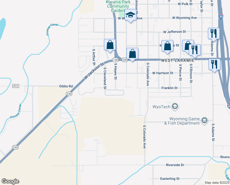 map of restaurants, bars, coffee shops, grocery stores, and more near 534 South Hayes Street in Laramie