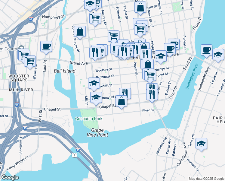 map of restaurants, bars, coffee shops, grocery stores, and more near 139 Lloyd Street in New Haven