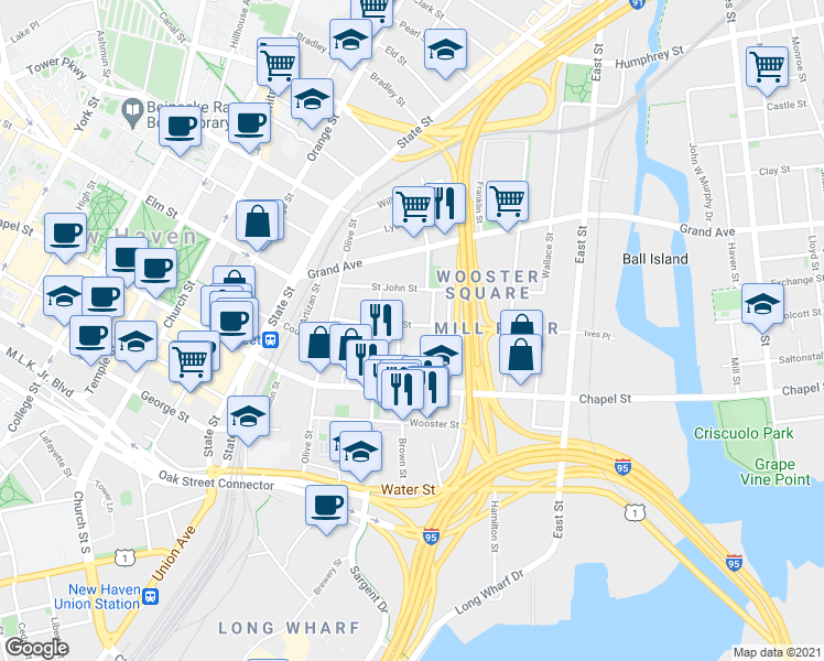 map of restaurants, bars, coffee shops, grocery stores, and more near 250 Greene Street in New Haven