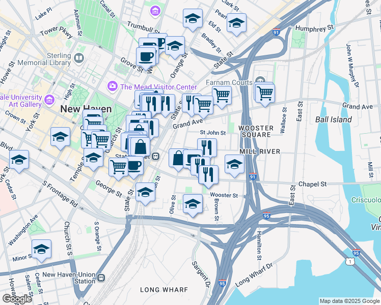 map of restaurants, bars, coffee shops, grocery stores, and more near 99 Olive Street in New Haven