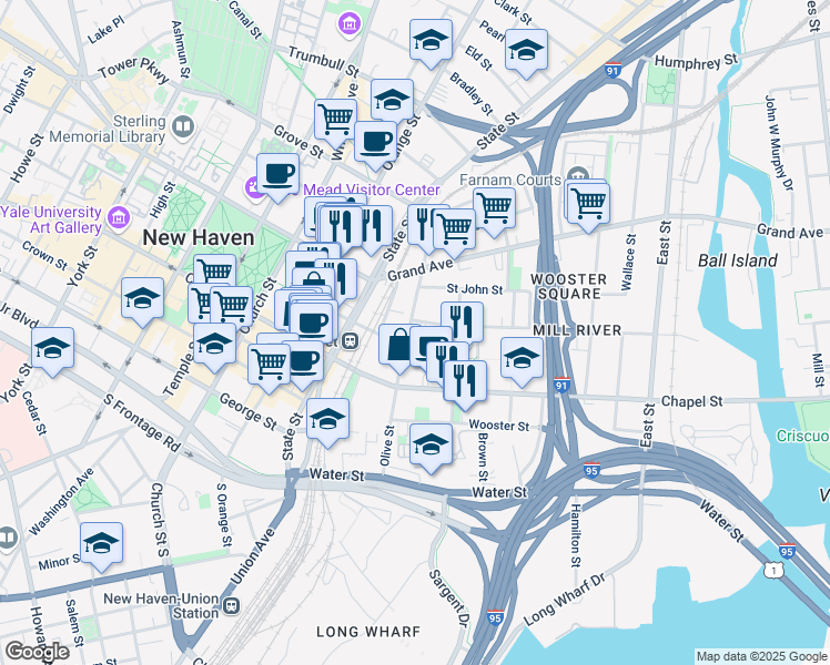 map of restaurants, bars, coffee shops, grocery stores, and more near 99 Olive Street in New Haven