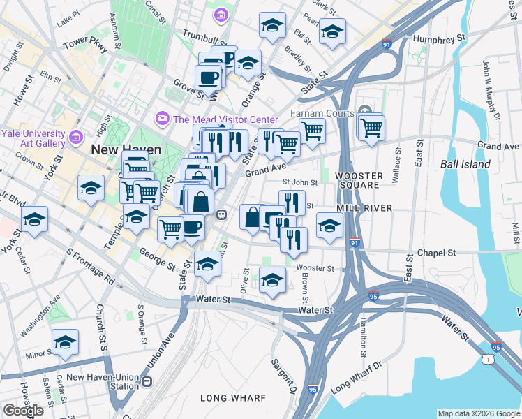 map of restaurants, bars, coffee shops, grocery stores, and more near 99 Olive Street in New Haven