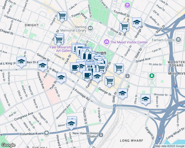 map of restaurants, bars, coffee shops, grocery stores, and more near 199 Crown Street in New Haven