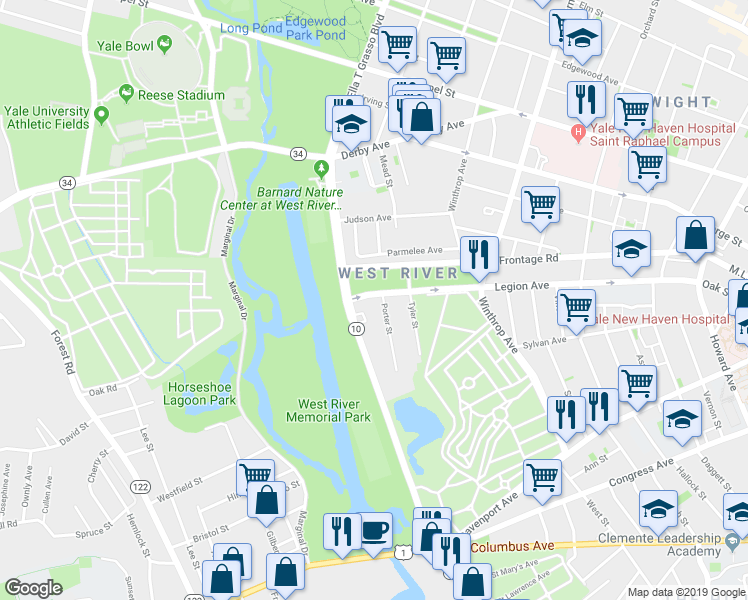 map of restaurants, bars, coffee shops, grocery stores, and more near 716 Legion Avenue in New Haven