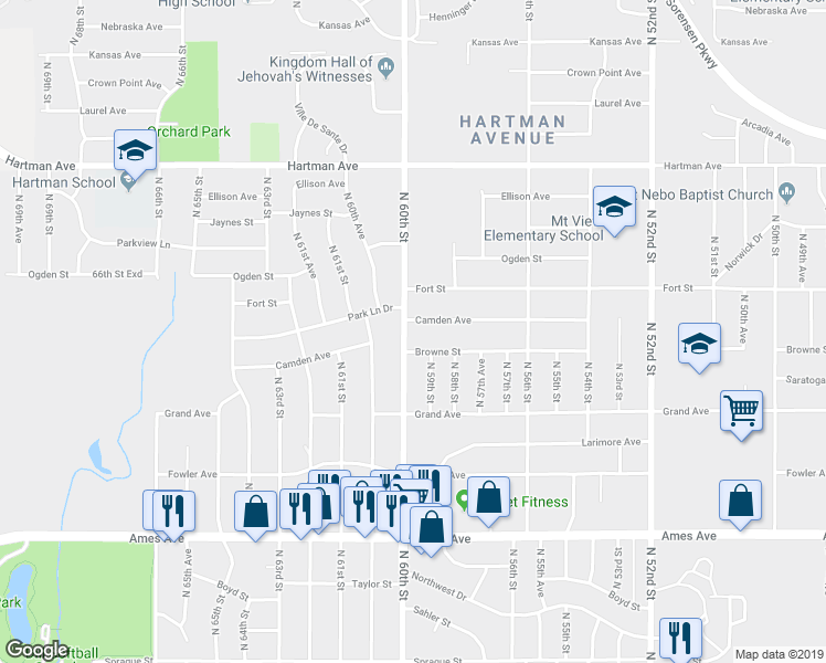 map of restaurants, bars, coffee shops, grocery stores, and more near 5115 North 60th Street in Omaha