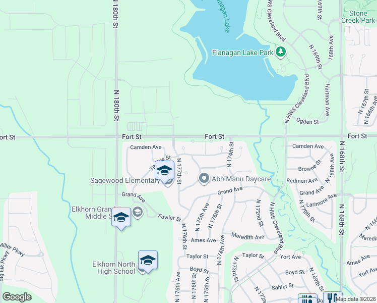map of restaurants, bars, coffee shops, grocery stores, and more near 5151 North 176th Avenue Circle in Omaha