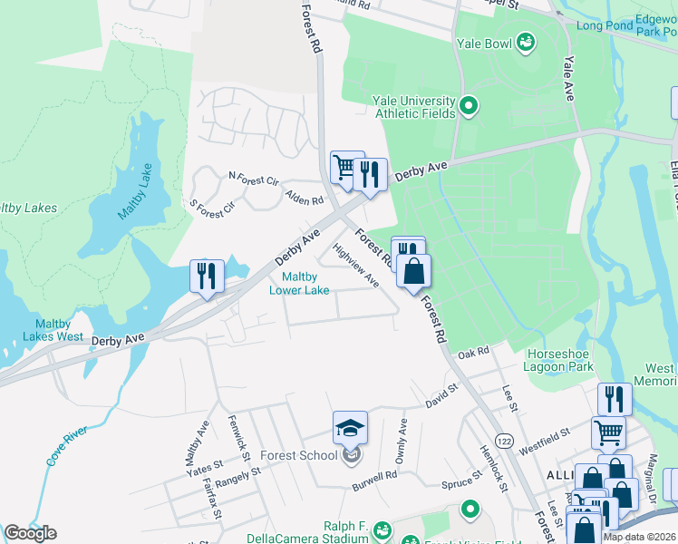 map of restaurants, bars, coffee shops, grocery stores, and more near 20 Forest Hills Road in West Haven