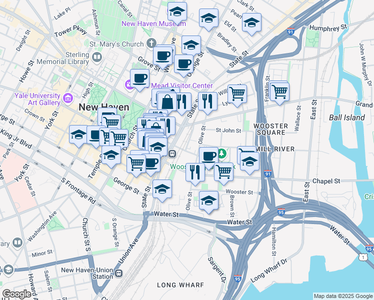 map of restaurants, bars, coffee shops, grocery stores, and more near 65 Court Street in New Haven