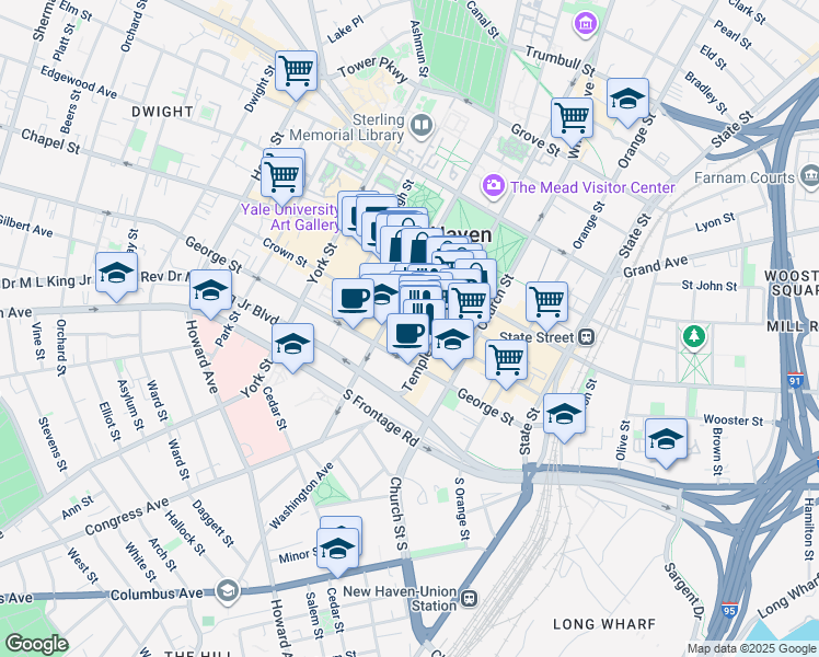 map of restaurants, bars, coffee shops, grocery stores, and more near 204 Crown Street in New Haven