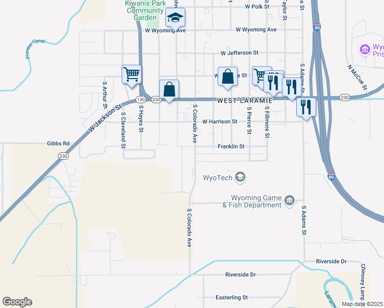 map of restaurants, bars, coffee shops, grocery stores, and more near 622 South Colorado Avenue in Laramie