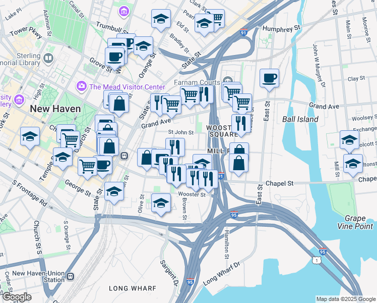 map of restaurants, bars, coffee shops, grocery stores, and more near 250 Greene Street in New Haven
