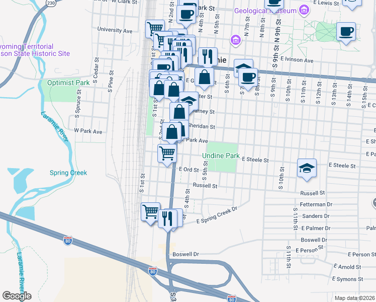 map of restaurants, bars, coffee shops, grocery stores, and more near 819 South 4th Street in Laramie