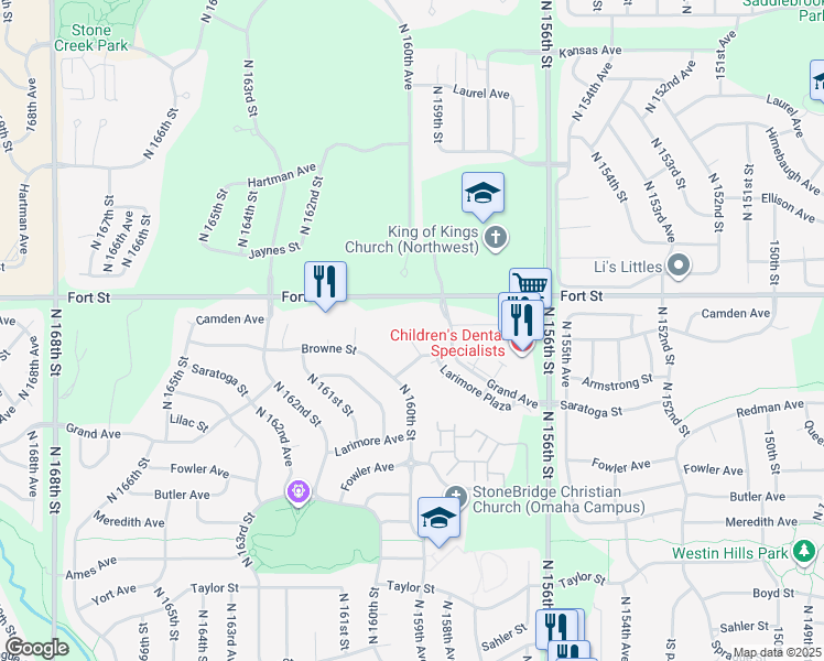 map of restaurants, bars, coffee shops, grocery stores, and more near 5123 159th Circle in Omaha