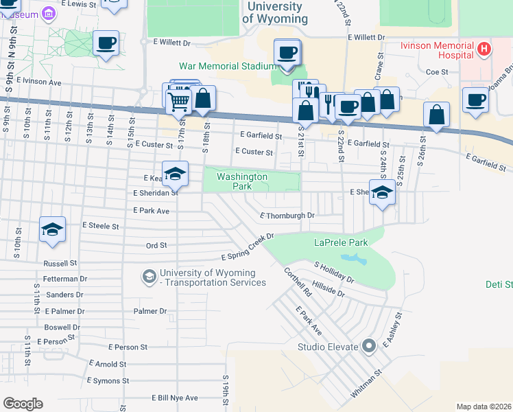 map of restaurants, bars, coffee shops, grocery stores, and more near 1929 East Thornburgh Drive in Laramie