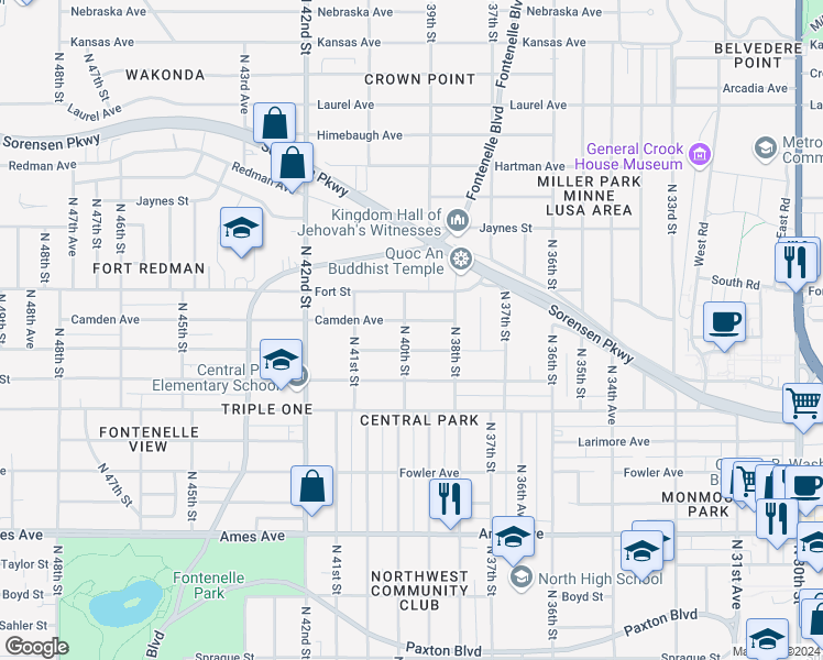 map of restaurants, bars, coffee shops, grocery stores, and more near 5115 North 40th Street in Omaha