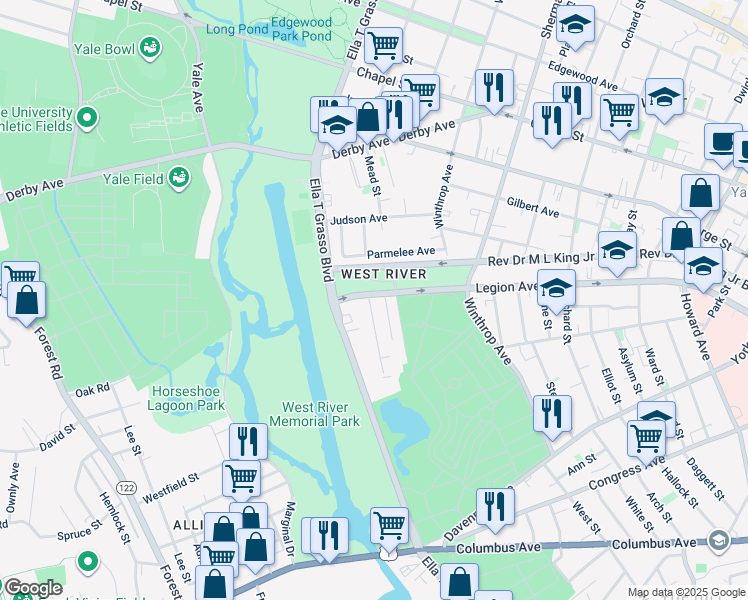 map of restaurants, bars, coffee shops, grocery stores, and more near 716 Legion Avenue in New Haven