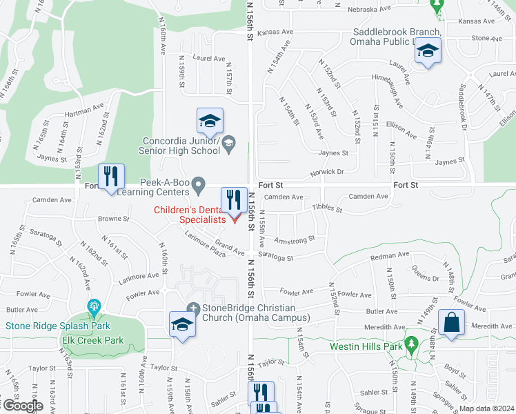 map of restaurants, bars, coffee shops, grocery stores, and more near 5158 North 155th Avenue in Omaha