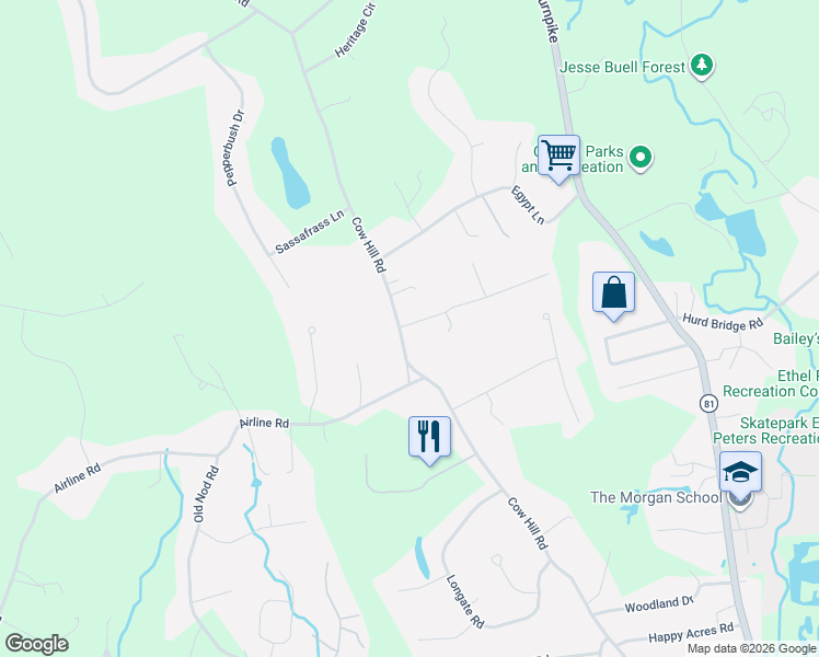 map of restaurants, bars, coffee shops, grocery stores, and more near 135 Cow Hill Road in Clinton