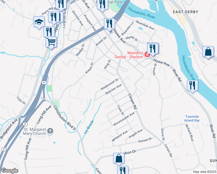 map of restaurants, bars, coffee shops, grocery stores, and more near 14 Weybosset Street in Shelton
